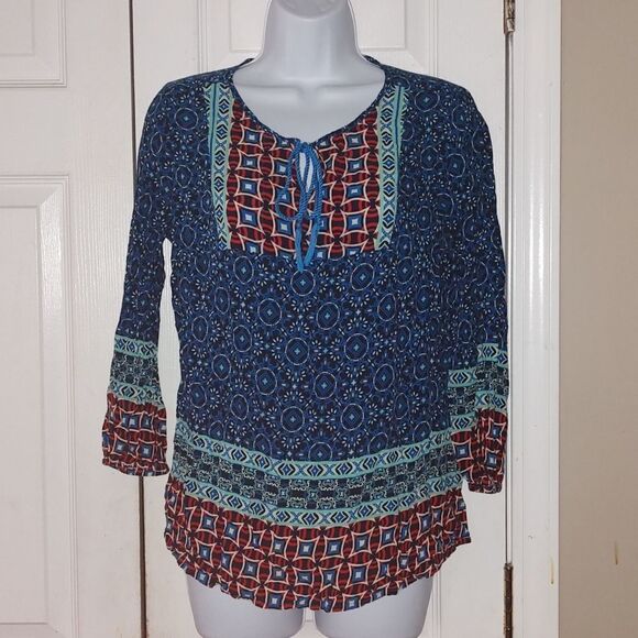 Grande and Greene  multicolor  boho 3/4 sleeve top Sz S - Picture 1 of 4